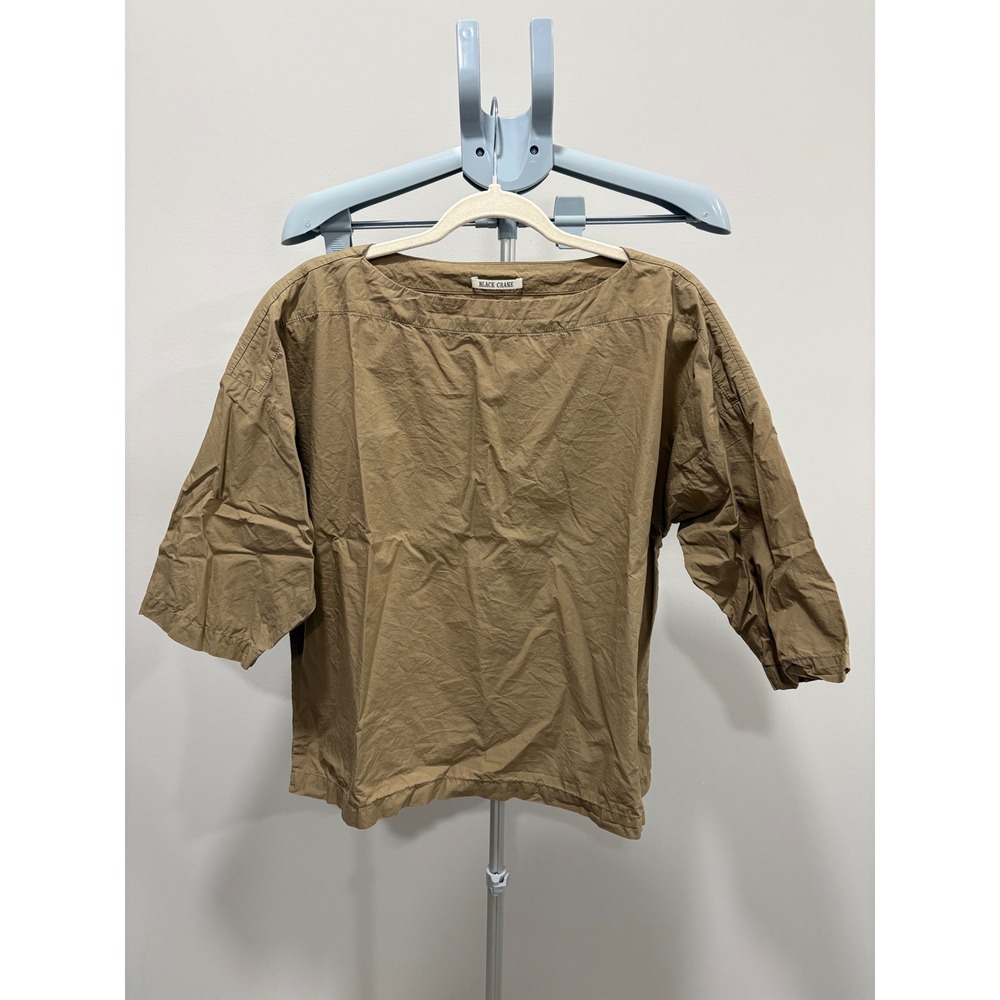 Black Crane Boat Neck Top Boxy Oversized Clay Tan Brown Size Small 100% Cotton